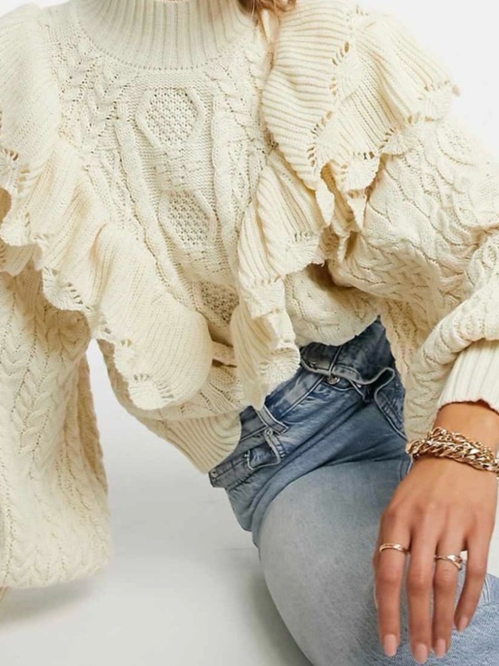 Women's Cream Ruffle Cable Knit Turtleneck Sweater